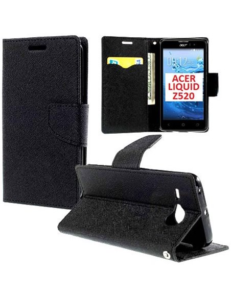 CUSTODIA FLIP ORIZZONTALE per ACER LIQUID Z520 CON INTERNO IN TPU SILICONE, STAND E TASCHE PORTA CARTE COLORE NERO