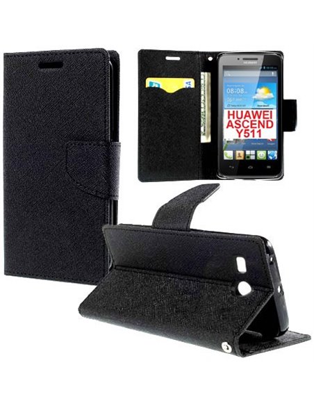 CUSTODIA FLIP ORIZZONTALE per HUAWEI ASCEND Y511 CON INTERNO IN TPU SILICONE, STAND E TASCHE PORTA CARTE COLORE NERO