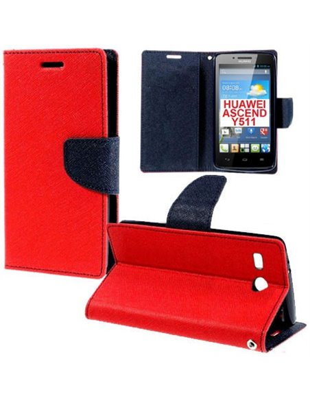 CUSTODIA FLIP ORIZZONTALE per HUAWEI ASCEND Y511 CON INTERNO IN TPU SILICONE, STAND E TASCHE PORTA CARTE COLORE ROSSO