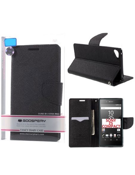 CUSTODIA FLIP ORIZZONTALE per SONY XPERIA Z5 COMPACT CON INTERNO IN TPU, STAND E PORTA CARTE COLORE NERO FANCY DIARY MERCURY