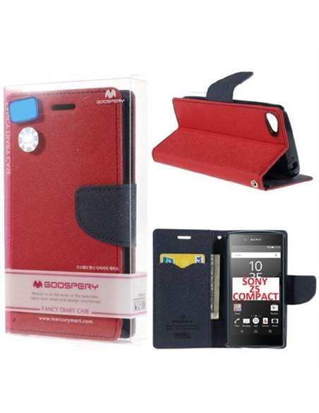 CUSTODIA FLIP ORIZZONTALE per SONY XPERIA Z5 COMPACT CON INTERNO IN TPU, STAND E PORTA CARTE COLORE ROSSO FANCY DIARY MERCURY