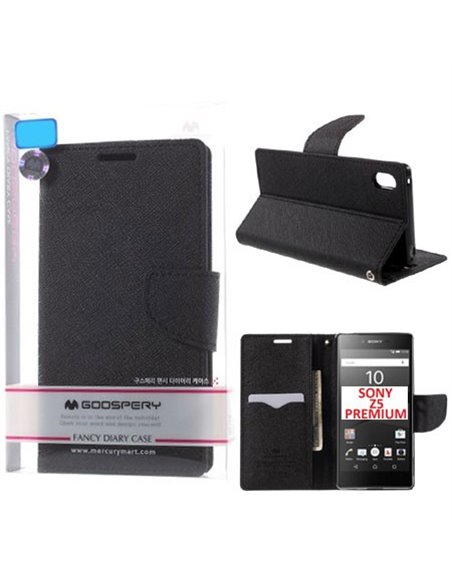 CUSTODIA FLIP ORIZZONTALE per SONY XPERIA Z5 PREMIUM CON INTERNO IN TPU, STAND E PORTA CARTE COLORE NERO FANCY DIARY MERCURY