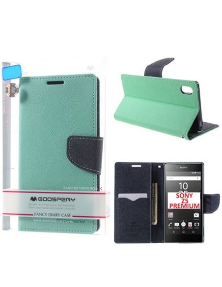 CUSTODIA FLIP ORIZZONTALE per SONY XPERIA Z5 PREMIUM CON INTERNO IN TPU, STAND E PORTA CARTE COLORE VERDE ACQUA FANCY MERCURY