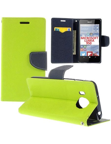 CUSTODIA FLIP ORIZZONTALE per MICROSOFT LUMIA 950, LUMIA 950 DUAL CON INTERNO IN TPU, STAND E TASCHE PORTA CARTE COLORE VERDE