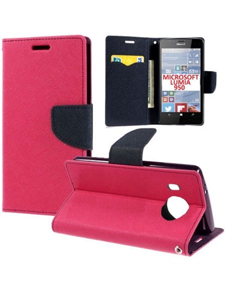 CUSTODIA FLIP ORIZZONTALE per MICROSOFT LUMIA 950, LUMIA 950 DUAL CON INTERNO IN TPU, STAND E TASCHE PORTA CARTE COLORE FUCSIA