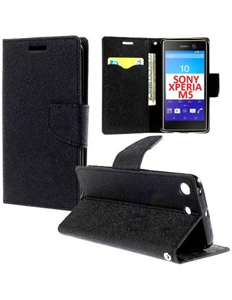 CUSTODIA FLIP ORIZZONTALE per SONY XPERIA M5, XPERIA M5 DUAL CON INTERNO IN TPU SILICONE, STAND E TASCHE PORTA CARTE COLORE NERO