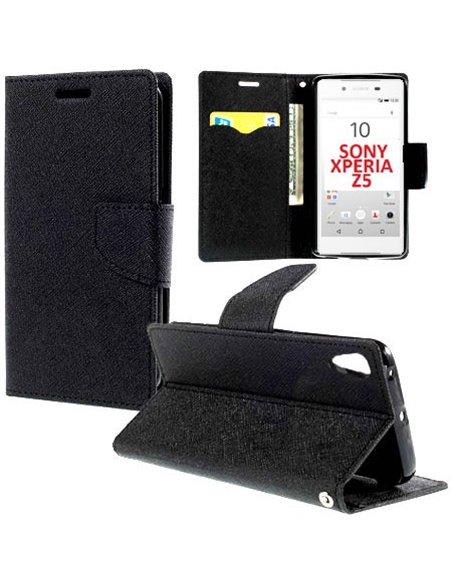 CUSTODIA FLIP ORIZZONTALE per SONY XPERIA Z5, XPERIA Z5 DUAL CON STAND, INTERNO IN TPU SILICONE E TASCHE PORTA CARTE COLORE NERO