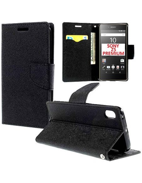 CUSTODIA FLIP ORIZZONTALE per SONY XPERIA Z5 PREMIUM CON STAND, INTERNO IN TPU SILICONE E TASCHE PORTA CARTE COLORE NERO