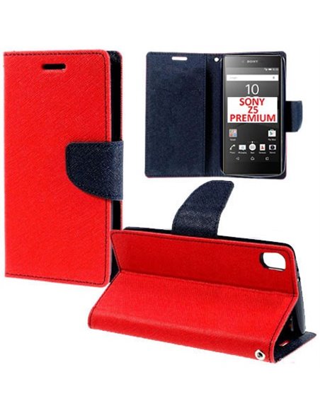 CUSTODIA FLIP ORIZZONTALE per SONY XPERIA Z5 PREMIUM CON STAND, INTERNO IN TPU SILICONE E TASCHE PORTA CARTE COLORE ROSSO