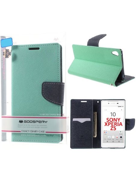 CUSTODIA FLIP ORIZZONTALE per SONY XPERIA Z5 CON INTERNO IN TPU, STAND E PORTA CARTE COLORE VERDE ACQUA FANCY DIARY MERCURY