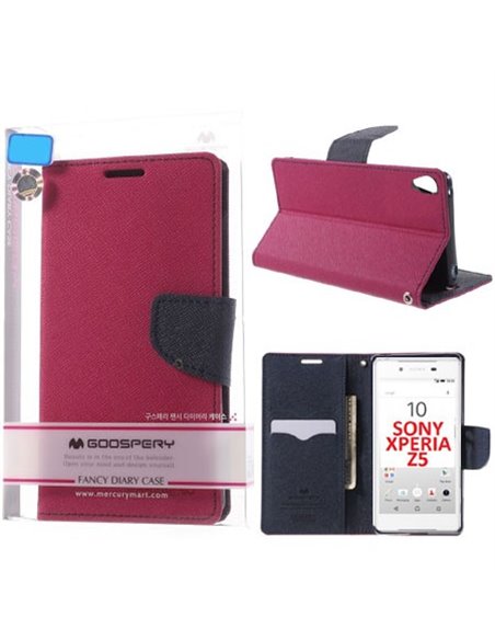 CUSTODIA FLIP ORIZZONTALE per SONY XPERIA Z5 CON INTERNO IN TPU, STAND E PORTA CARTE COLORE FUCSIA FANCY DIARY MERCURY