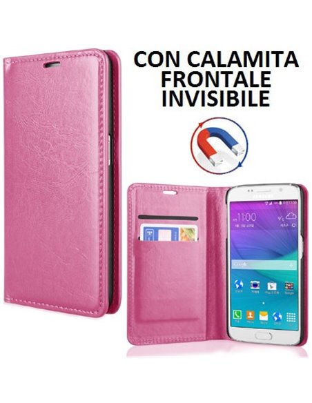 CUSTODIA FLIP ORIZZONTALE SIMILPELLE per SAMSUNG SM-G920 GALAXY S6 CON CHIUSURA MAGNETICA INVISIBILE E PORTA CARTE ROSA