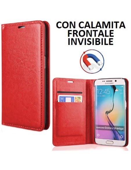 CUSTODIA FLIP ORIZZONTALE SIMILPELLE per SAMSUNG SM-G925 GALAXY S6 EDGE CON CHIUSURA MAGNETICA INVISIBILE COLORE ROSSO