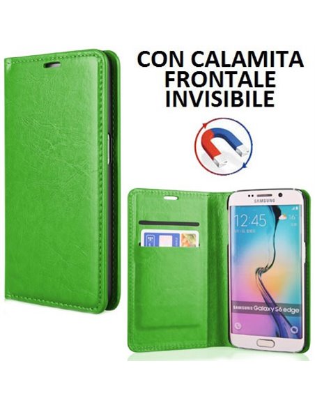 CUSTODIA FLIP ORIZZONTALE SIMILPELLE per SAMSUNG SM-G925 GALAXY S6 EDGE CON CHIUSURA MAGNETICA INVISIBILE COLORE VERDE