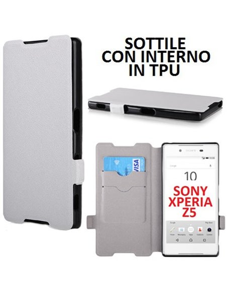 CUSTODIA FLIP ORIZZONTALE SLIM per SONY XPERIA Z5 CON INTERNO IN TPU SILICONE E CHIUSURA MAGNETICA LATERALE COLORE BIANCO