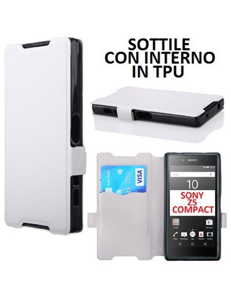 CUSTODIA FLIP ORIZZONTALE SLIM per SONY XPERIA Z5 COMPACT CON INTERNO IN TPU E CHIUSURA MAGNETICA COLORE BIANCO