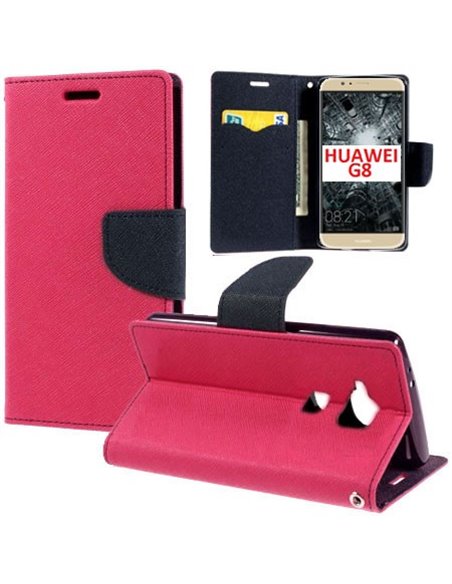 CUSTODIA FLIP ORIZZONTALE per HUAWEI G8, GX8 CON INTERNO IN TPU SILICONE, STAND, PORTA CARTE E CHIUSURA MAGNETICA COLORE FUCSIA