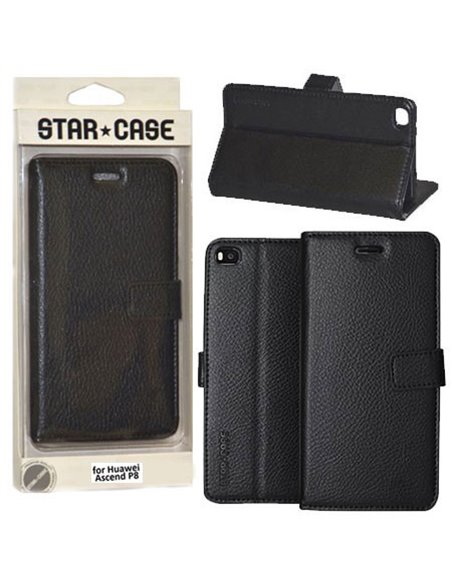 CUSTODIA FLIP ORIZZONTALE SIMILPELLE per HUAWEI ASCEND P8 CON INTERNO IN TPU, STAND E PORTA CARTE COLORE NERO ALTA QUALITA'