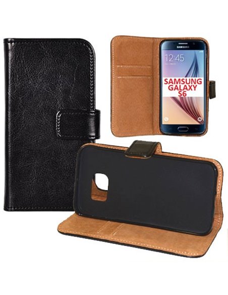 CUSTODIA FLIP ORIZZONTALE VERA PELLE per SAMSUNG SM-G920 GALAXY S6 CON INTERNO IN TPU SILICONE E STAND COLORE NERO