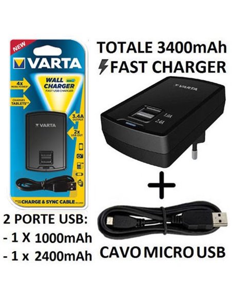CARICATORE DA RETE 3400mAh CON 2 PORTE USB (1000mAh e 2400mAh) + CAVO MICRO USB - FAST CHARGER COLORE NERO VARTA 57957 BLISTER
