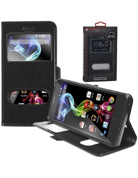 CUSTODIA FLIP ORIZZONTALE PELLE per ARCHOS 50B PLATINUM CON INTERNO IN TPU E DOPPIA FINESTRA ID COLORE NERO ALTA QUALITA' MOCCA