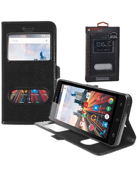 CUSTODIA FLIP ORIZZONTALE PELLE per ARCHOS 50 DIAMOND CON INTERNO IN TPU E DOPPIA FINESTRA ID NERO ALTA QUALITA' MOCCA