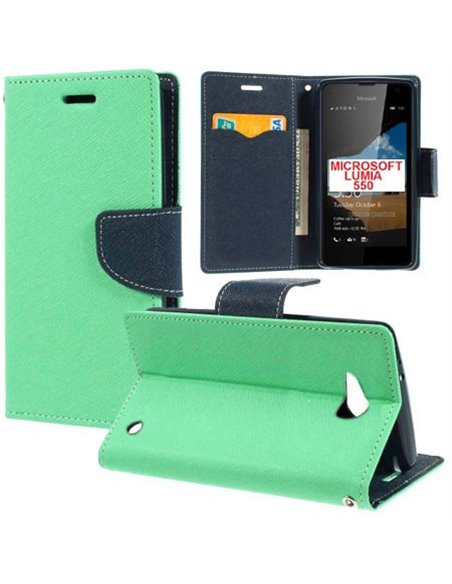 CUSTODIA FLIP ORIZZONTALE per MICROSOFT LUMIA 550 CON INTERNO IN TPU, STAND, PORTA CARTE E CHIUSURA MAGNETICA VERDE ACQUA