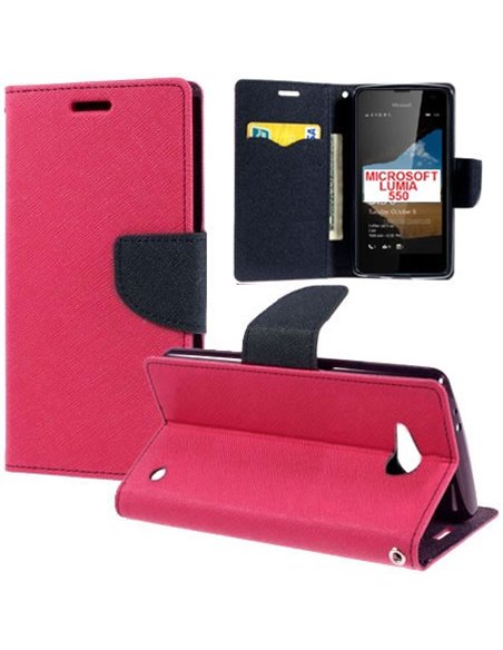 CUSTODIA FLIP ORIZZONTALE per MICROSOFT LUMIA 550 CON INTERNO IN TPU, STAND, PORTA CARTE E CHIUSURA MAGNETICA COLORE FUCSIA