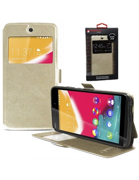 CUSTODIA FLIP ORIZZONTALE PELLE per WIKO RAINBOW JAM 3G (NO 4G) CON INTERNO IN TPU, CHIUSURA MAGNETICA E FINESTRA ID ORO MOCCA