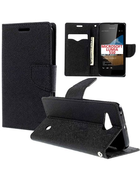 CUSTODIA FLIP ORIZZONTALE per MICROSOFT LUMIA 550 CON INTERNO IN TPU, STAND, PORTA CARTE E CHIUSURA MAGNETICA COLORE NERO