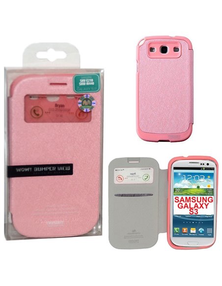 CUSTODIA FLIP ORIZZONTALE per SAMSUNG I9300 GALAXY S3, I9300i GALAXY S3 NEO CON FINESTRA ID E INTERNO IN TPU ROSA MERCURY BLISTE