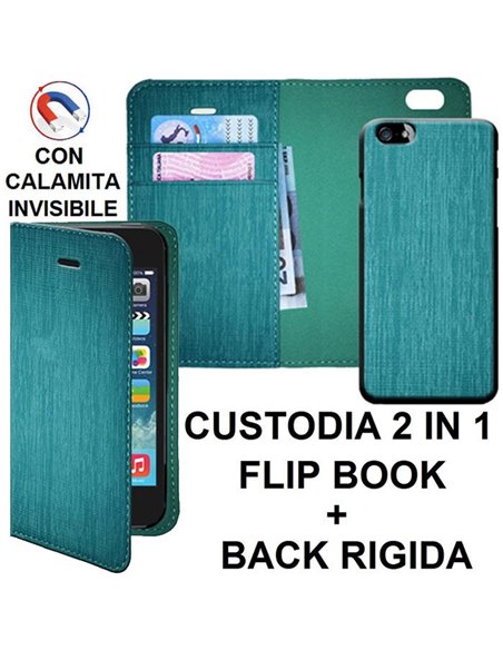 CUSTODIA FLIP ORIZZONTALE SIMILPELLE + BACK RIGIDA RIMOVIBILE per APPLE IPHONE 5, 5S CON CHIUSURA MAGNETICA INVISIBILE TURCHESE