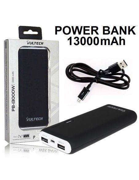 BATTERIA ESTERNA UNIVERSALE 13000 mAh CON DOPPIA PORTA USB DA 1000 mAh E DA 2100 mAh COLORE NERO E BIANCO PB-13000W VULTECH