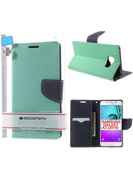 CUSTODIA FLIP ORIZZONTALE per SAMSUNG SM-A310 GALAXY A3 (2016) CON STAND E INTERNO IN TPU COLORE VERDE ACQUA FANCY MERCURY