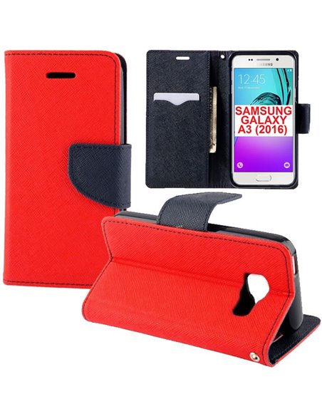 CUSTODIA FLIP ORIZZONTALE per SAMSUNG SM-A310 GALAXY A3 (2016) CON STAND, INTERNO IN TPU SILICONE E PORTA CARTE COLORE ROSSO