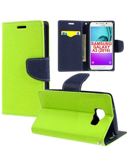 CUSTODIA FLIP ORIZZONTALE per SAMSUNG SM-A310 GALAXY A3 (2016) CON STAND, INTERNO IN TPU SILICONE E PORTA CARTE COLORE VERDE