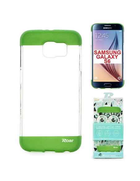 CUSTODIA GEL TPU SILICONE per SAMSUNG SM-G920 GALAXY S6 TRASPARENTE CON INSERTI VERDI ALTA QUALITA' ROAR BLISTER