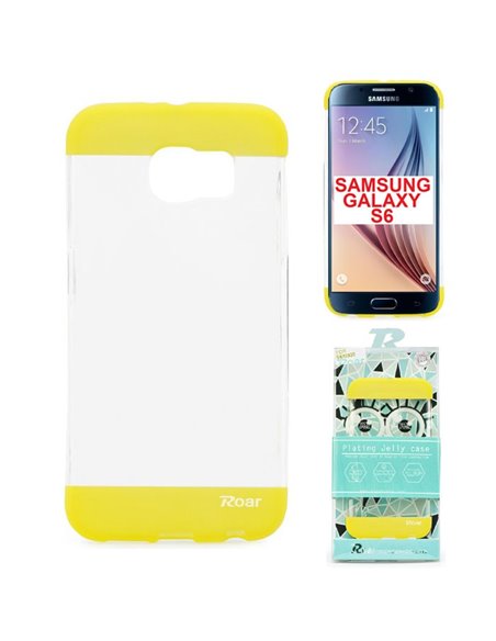 CUSTODIA GEL TPU SILICONE per SAMSUNG SM-G920 GALAXY S6 TRASPARENTE CON INSERTI GIALLI ALTA QUALITA' ROAR BLISTER