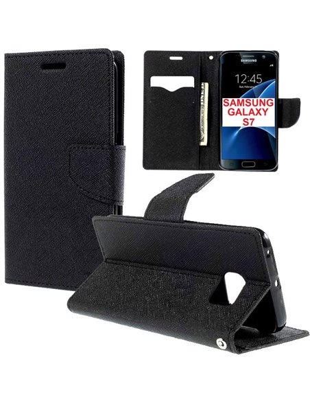 CUSTODIA FLIP ORIZZONTALE per SAMSUNG SM-G930 GALAXY S7 CON STAND, INTERNO IN TPU SILICONE E TASCHE PORTA CARTE COLORE NERO