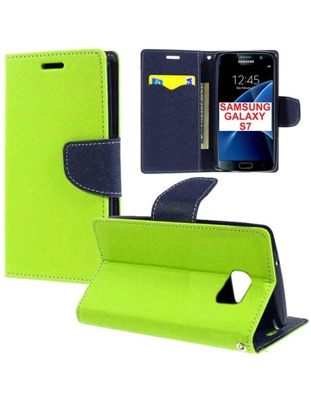 CUSTODIA FLIP ORIZZONTALE per SAMSUNG SM-G930 GALAXY S7 CON STAND, INTERNO IN TPU SILICONE E TASCHE PORTA CARTE COLORE VERDE