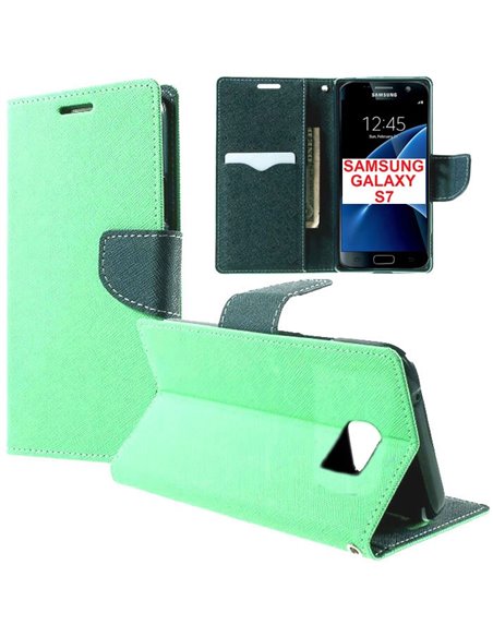 CUSTODIA FLIP ORIZZONTALE per SAMSUNG SM-G930 GALAXY S7 CON STAND, INTERNO IN TPU E TASCHE PORTA CARTE COLORE VERDE ACQUA