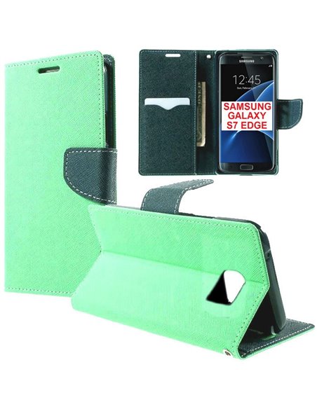 CUSTODIA FLIP ORIZZONTALE per SAMSUNG SM-G935 GALAXY S7 EDGE CON STAND, INTERNO IN TPU E PORTA CARTE COLORE VERDE ACQUA