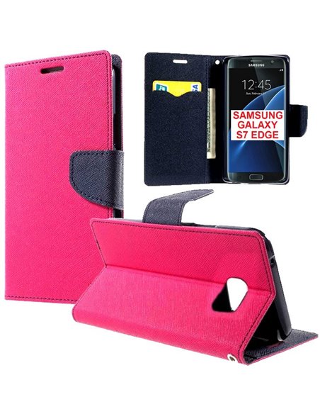 CUSTODIA FLIP ORIZZONTALE per SAMSUNG SM-G935 GALAXY S7 EDGE CON STAND, INTERNO IN TPU E TASCHE PORTA CARTE COLORE FUCSIA