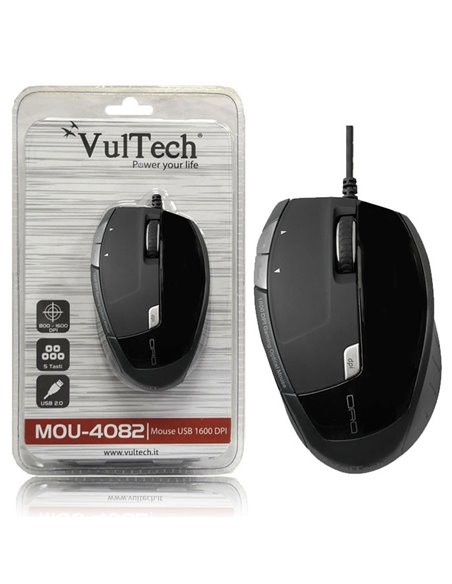 MOUSE OTTICO USB 2.0 MOU-4082 CON RISOLUZIONE REGOLABILE DA 800Dpi A 1200Dpi E 5 TASTI COLORE NERO E GRIGIO VULTECH BLISTER