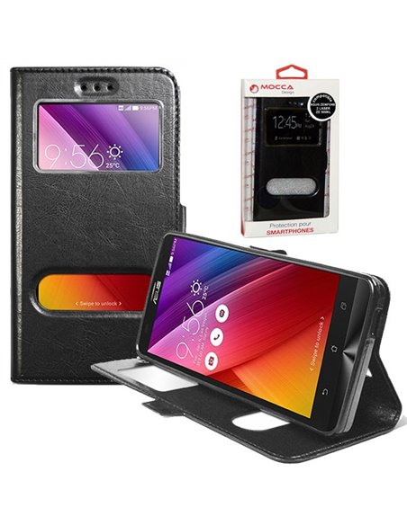 CUSTODIA FLIP ORIZZONTALE PELLE per ASUS ZENFONE 2 LASER 5' POLLICI, ZE500KL CON DOPPIA FINESTRA ID NERO ALTA QUALITA' MOCCA