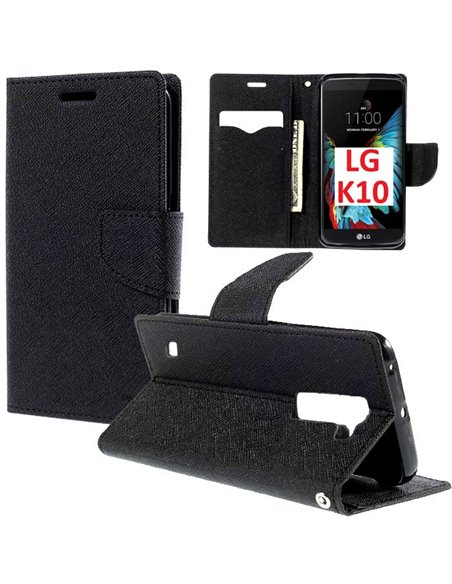 CUSTODIA FLIP ORIZZONTALE per LG K10, K420N CON INTERNO IN TPU, STAND, TASCHE PORTA CARTE E CHIUSURA MAGNETICA COLORE NERO