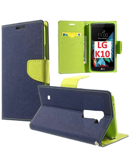 CUSTODIA FLIP ORIZZONTALE per LG K10, K420N CON INTERNO IN TPU, STAND, TASCHE PORTA CARTE E CHIUSURA MAGNETICA COLORE BLU