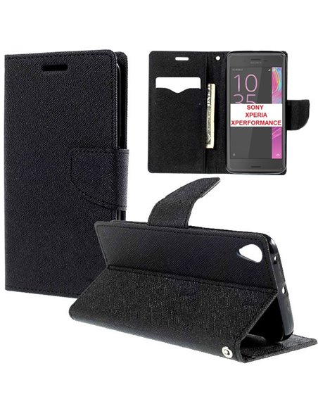 CUSTODIA FLIP ORIZZONTALE per SONY XPERIA X PERFORMANCE F8131, F8132 CON INTERNO IN TPU SILICONE, STAND E PORTA CARTE COLORE NER