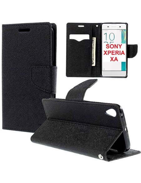 CUSTODIA FLIP ORIZZONTALE per SONY XPERIA XA, XPERIA XA DUAL CON INTERNO IN TPU SILICONE, STAND E PORTA CARTE COLORE NERO