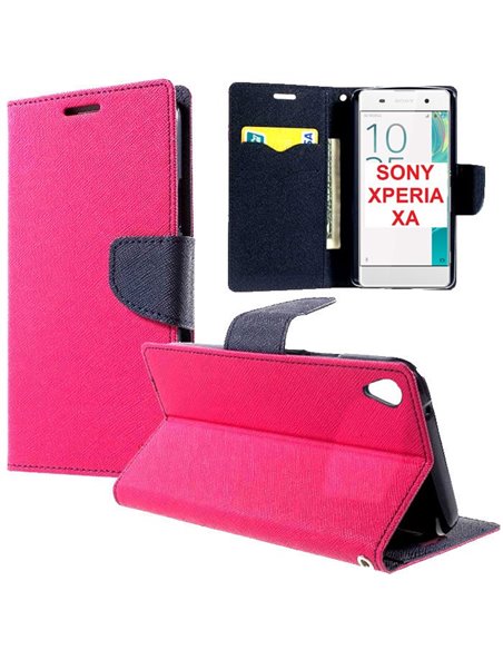 CUSTODIA FLIP ORIZZONTALE per SONY XPERIA XA, XPERIA XA DUAL CON INTERNO IN TPU SILICONE, STAND E PORTA CARTE COLORE FUCSIA